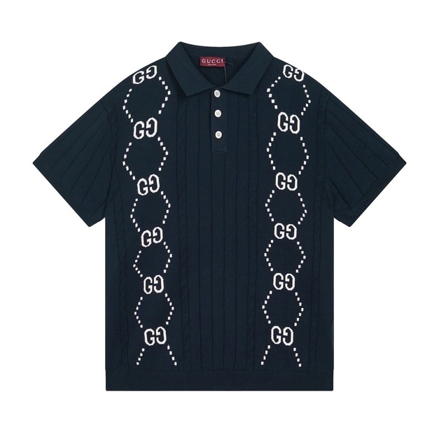 GUCCI 雙G針織毛衣Polo短袖 (深藍)