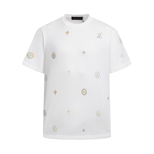 LOUIS VUITTON 花卉燙鑽毛織短袖（白色）
