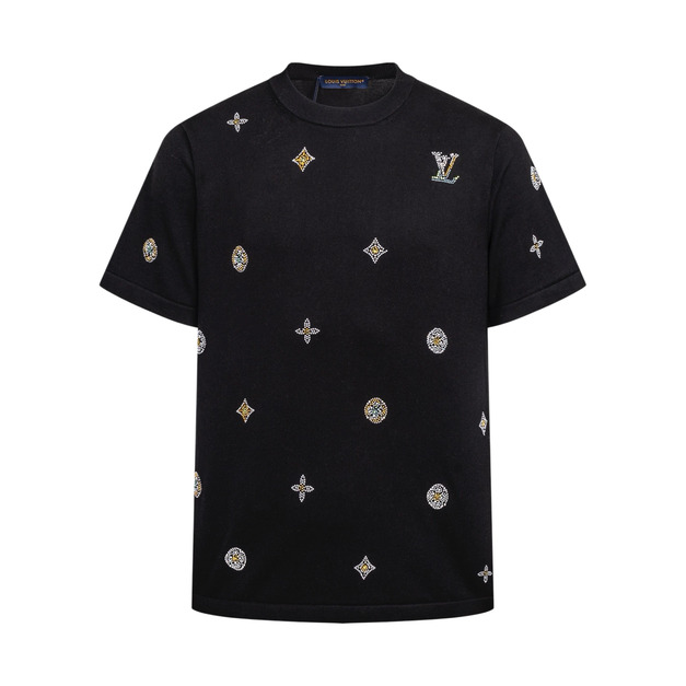 LOUIS VUITTON 花卉燙鑽毛織短袖（黑色）