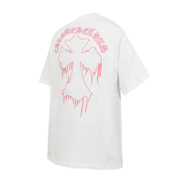 CHROME HEARTS 梵文貼布粉紅刺繡十字架短袖 (白)
