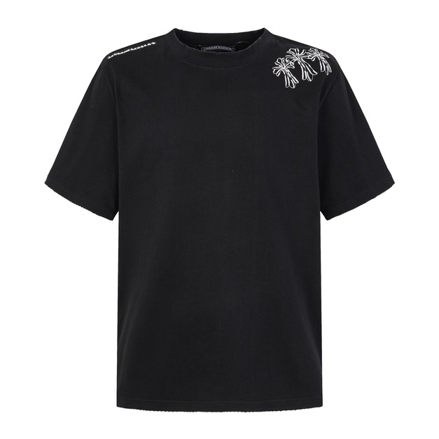 CHROME HEARTS 十字刺繡磨破短袖 (黑)