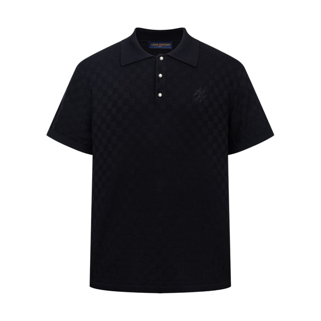 LOUIS VUITTON 字母刺繡棋盤格提花針織Polo衫（黑色）