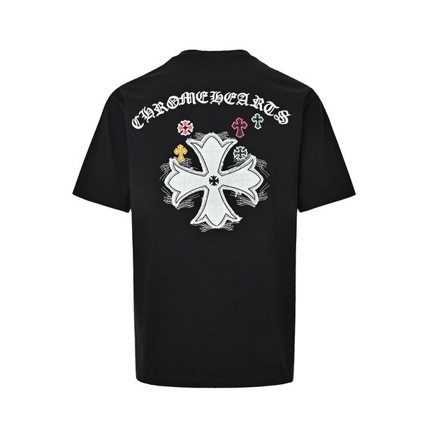 CHROME HEARTS 胸前紅標十字架貼布刺繡短袖 (黑)