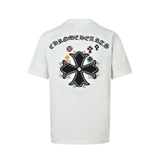 CHROME HEARTS 胸前紅標十字架貼布刺繡短袖 (白)