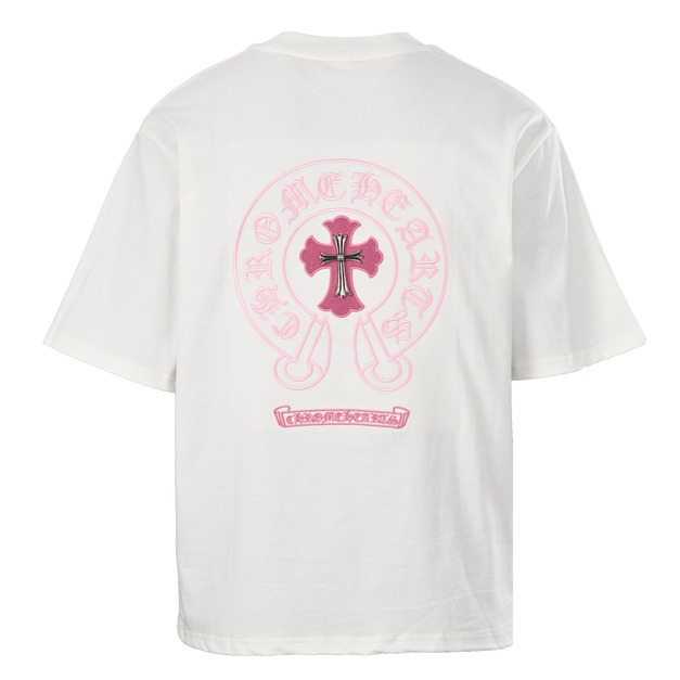 CHROME HEARTS 背後粉紅色十字架馬蹄刺繡圓領短袖 (白)