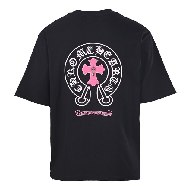 CHROME HEARTS 背後粉紅色十字架馬蹄刺繡圓領短袖 (黑)