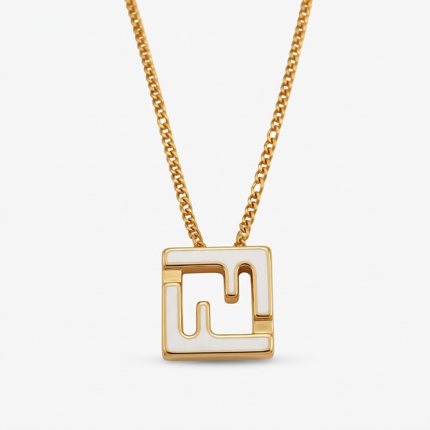 FENDI 金色FF Logo方形吊墜項鍊