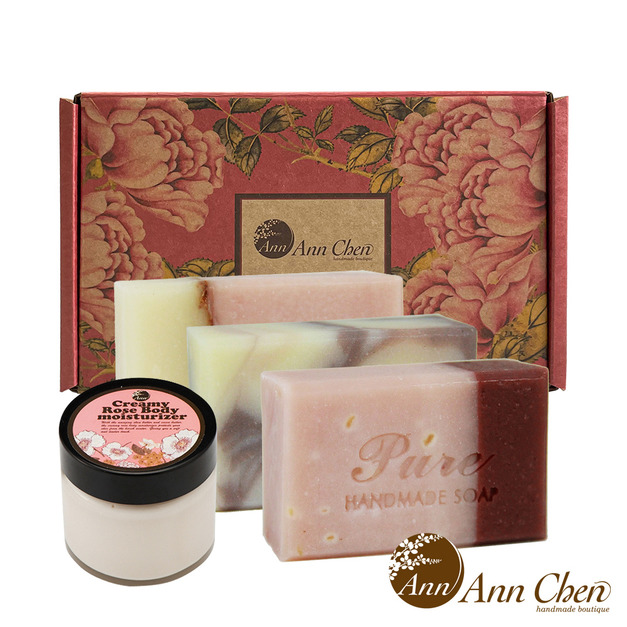 陳怡安手工皂-玫瑰溫柔保濕潤膚x4入特惠禮盒(附提袋禮盒)