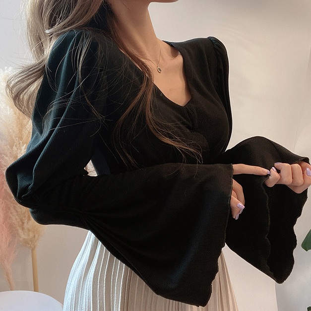 韓國歐逆風復古V領喇叭袖