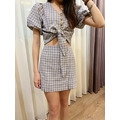 V領系帶格子上衣+開叉半身裙套裝