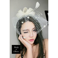 【A150810-B】【現貨】米白色歐美派對復古羽毛面紗網紗禮帽髮夾_6