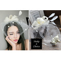 【A150810-B】【現貨】米白色歐美派對復古羽毛面紗網紗禮帽髮夾