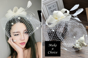 【A150810-B】【現貨】米白色歐美派對復古羽毛面紗網紗禮帽髮夾