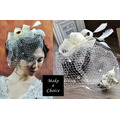 【A150810-B】【現貨】米白色歐美派對復古羽毛面紗網紗禮帽髮夾_4