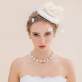 A151207【現貨】手工米白色亞麻蕾絲花朵珠珍網紗面紗頭紗小禮帽_4