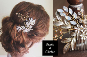 【A160108】【現貨】復古巴洛克香檳金葉水鑽小巧髮梳髮插