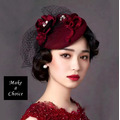 A160214【現貨】復古絲絨網紗面紗頭紗珍珠禮帽【酒紅色】_5