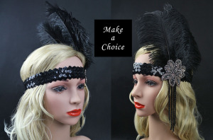 【A160803】【現貨】派對復古羽毛鑲鑽亮皇冠彈性髮帶髮飾【黑色】