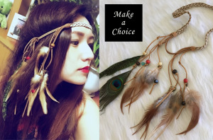 【A160301】【現貨】波西米亞印地安嬉皮流蘇孔雀羽毛編織髮飾髮帶