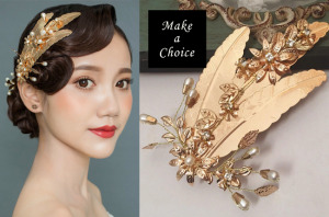 【A160303】【現貨】手工復古金色羽毛珍珠水鑽花朵髮飾頭飾中式