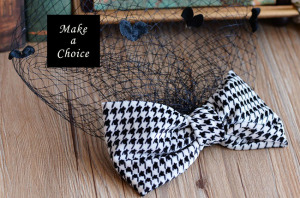 A170313【現貨】復古千鳥格黑白絨布蝴蝶結網紗髮夾式面紗髮飾頭飾