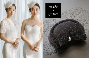 【A170714】【現貨】復古珍珠蕾絲蝴蝶結絨面網紗小禮帽【米白、黑】。新娘飾品