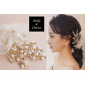 【A170810】【現貨】優雅香檳色紗花珍珠水鑽金色髮夾頭花邊夾