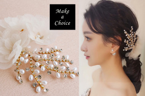 【A170810】【現貨】優雅香檳色紗花珍珠水鑽金色髮夾頭花邊夾