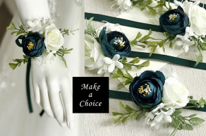 【A170808】【現貨】森林系手工水墨綠唯美花朵緞帶手腕花手環