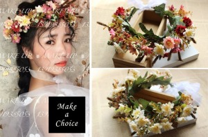 A180405【現貨】雛菊仿花花環花圈絲紗髮帶【奶白、紫紅色】