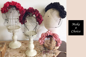 A180604【現貨】歐美立體燒邊花朵絨點黑色面紗髮箍花環花圈【四色】