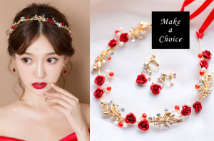 【A180705】【現貨】金色枝葉紅色玫瑰水鑽【髮帶+耳夾】套組