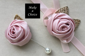 A181102【現貨】緞面玫瑰花金葉綁帶式手腕花胸花【粉色】