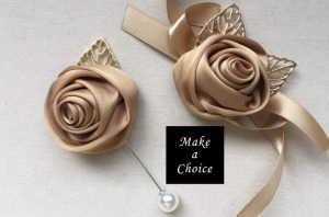 【A181104】【現貨】緞面玫瑰花金葉綁帶式手腕花胸花【香檳色】