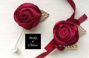 【A181105】【現貨】緞面玫瑰花金葉綁帶式手腕花胸花【酒紅色】