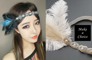 【A181008】【現貨】復古羽毛鑲鑽亮彈性髮帶【孔雀藍色、白色】