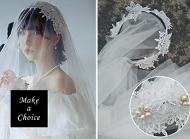 A181004【現貨】復古髮箍式蕾絲珍珠雙層網紗短頭紗【白色】