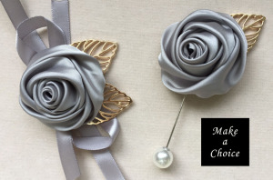 【A181103】【現貨】緞面玫瑰花金葉綁帶式手腕花胸花【灰色】