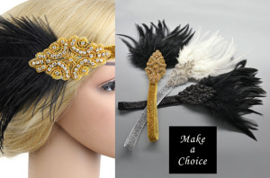 【A190509】【現貨】歐美復古羽毛鑲鑽閃亮彈性髮帶髮飾【三色】