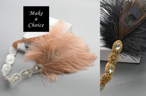 【A181008】【現貨】復古羽毛鑲鑽亮彈性髮帶【裸粉色、黑金色】