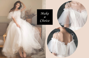 C180603【S-XL】【預購+現貨L】露肩白色點點蕾絲喇叭袖綁帶式輕婚紗輕禮服