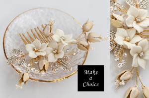 A190704【現貨】手工白色陶瓷花花朵水鑽串珠小髮梳