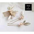 A200501【現貨】手工精緻白色小花+金色枝葉髮梳*1+髮簪*2套組髮飾_3