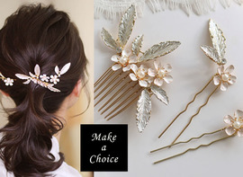 A200501【現貨】手工精緻白色小花+金色枝葉髮梳*1+髮簪*2套組髮飾