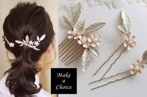 A200501【現貨】手工精緻白色小花+金色枝葉髮梳*1+髮簪*2套組髮飾