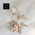 A200501【現貨】手工精緻白色小花+金色枝葉髮梳*1+髮簪*2套組髮飾_1