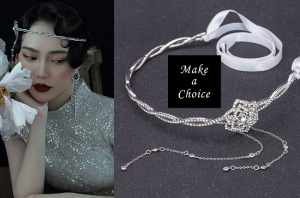 A200601【現貨】銀色復古水鑽玫瑰花流蘇髮箍髮帶額飾