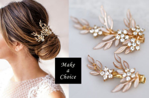 A200704【現貨】精巧玫瑰金五水鑽花蕊枝葉髮夾對夾邊夾二入組