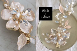 A200705【現貨】手工金色天然珍珠水鑽花朵枝葉蛋白石髮夾邊夾