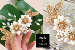 A200706【現貨】金色枝葉鑲鑽白色花朵蛋白鑽髮夾邊夾。新娘飾品自助婚紗